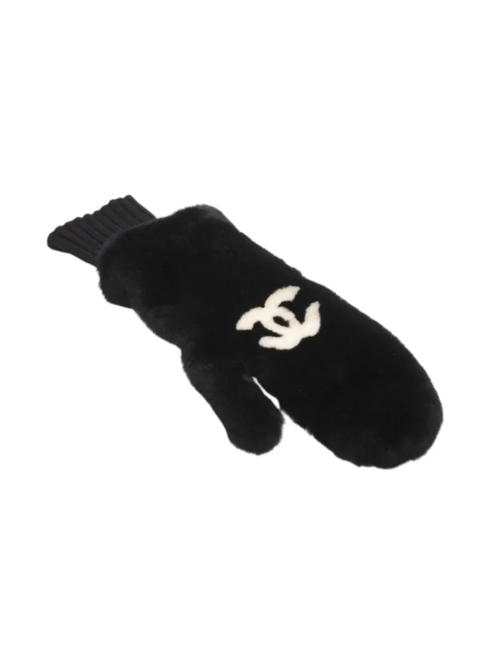 Chanel CC Logo Rabbit Mittens Gloves Black White Fur Lambskin
